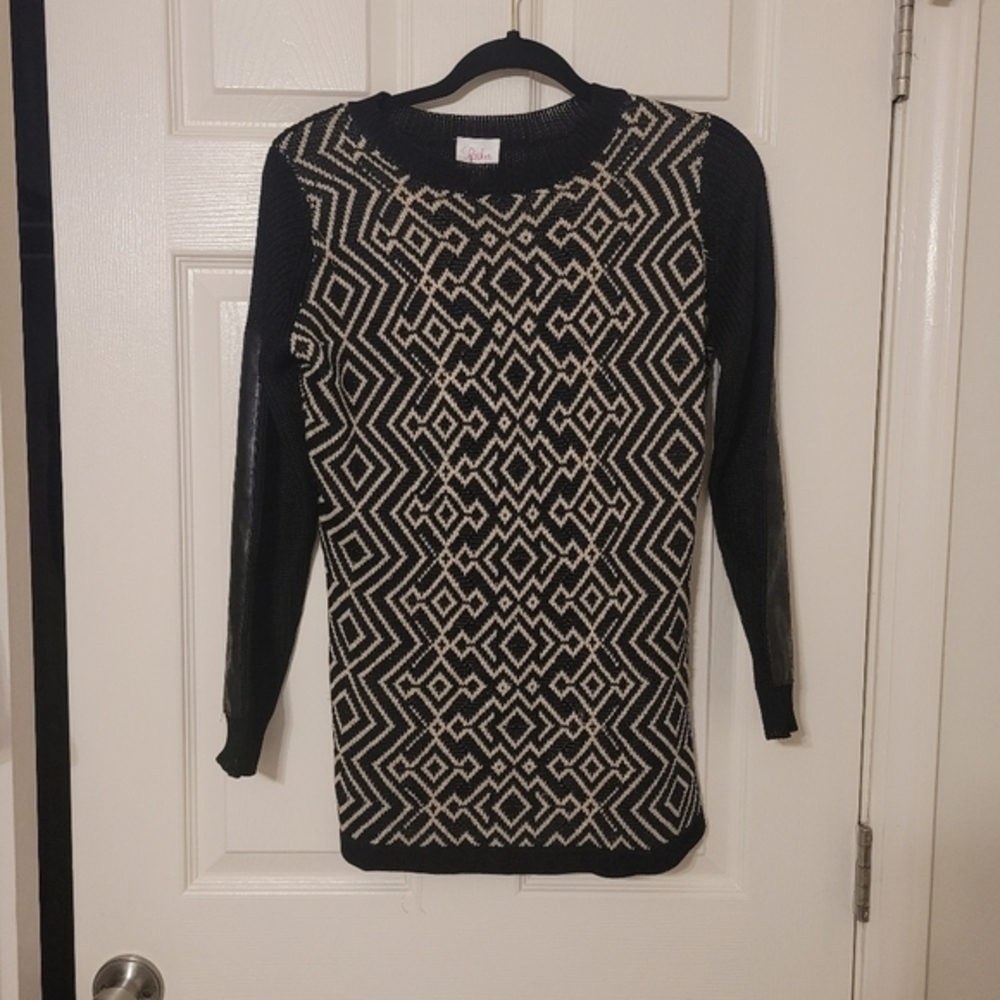 PARKER Women's Black Geometric Pattern Long Sleeve Knitted Sweater Size XSmall